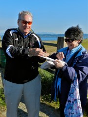 Lorna presents Tom with birthday PB sandwich